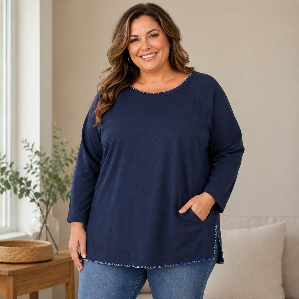 J. Jill Fit Navy Blue Whipstitch Raglan Sweatshirt Plus Size 3X Cotton Tencel